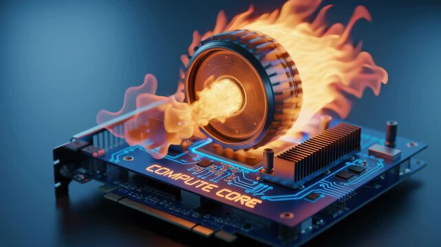 Intense Fire Engulfs Overheating Processor During Heavy AI Data Crunch Technology Workload Consuming Massive Electric Energy