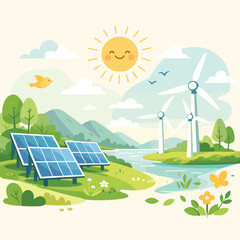 Renewable energy landscape with solar and wind power