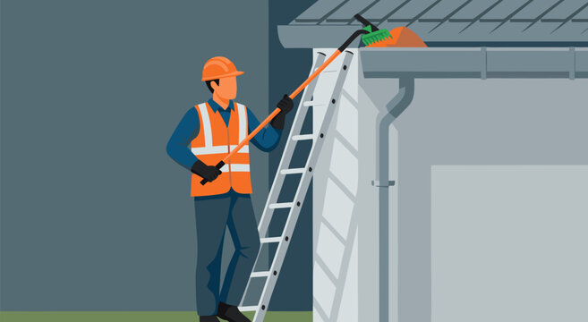 Gutter cleaning vector illustration of a worker on a ladder removing debris from a roof gutter