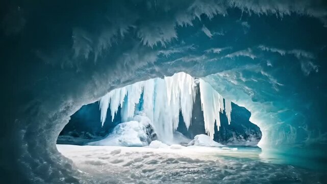 Frozen Ice Cave with Icicles and Glacial Formations.