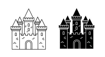 Obraz premium Castle Icon Set – Medieval Fortress Outline Solid Symbols