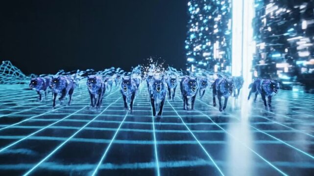 Glowing blue and purple polygonal wolf-like creature running in a futuristic digital grid environment