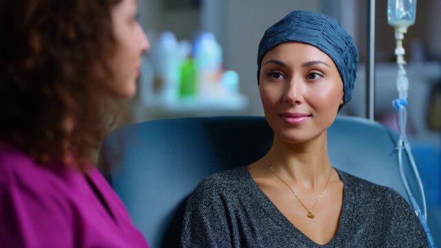 A Compassionate Encounter: A Patient's Journey of Healing in a Clinic with a Supportive Companion Sharing Moments of Hope During Treatment, Emphasizing Friendship  