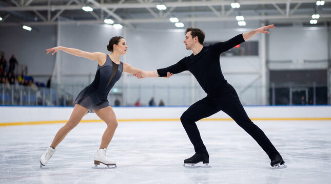 Professional Figure Skating Pair Performing Graceful Move on Indoor Ice Rink