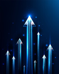 Blue neon arrows rising upward on dark background for business growth and futuristic technology success concept