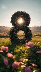 Greenery number 8 sculpture with pink roses in a sunny field