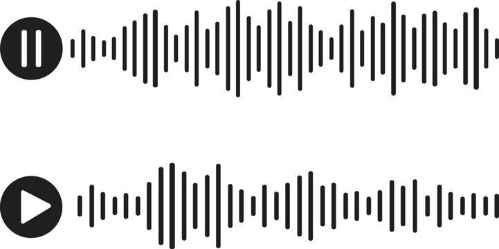 Graphic sound waves and equalizer elements set featuring various audio waveforms and frequency visualizations for music and technology.A collection modern audio and media icons including a play button