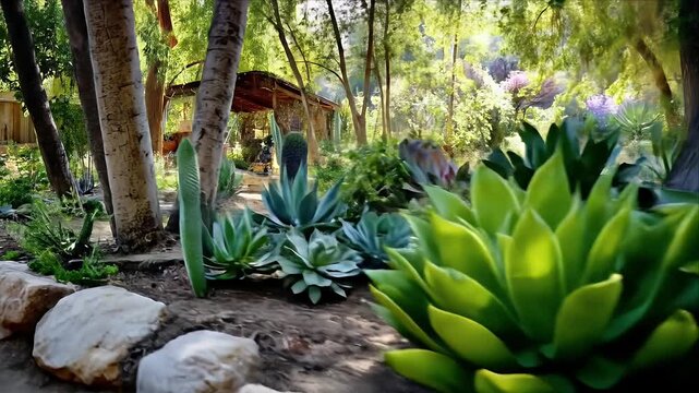 Large succulent plants arranged in garden with rocks and trees in background scene.
