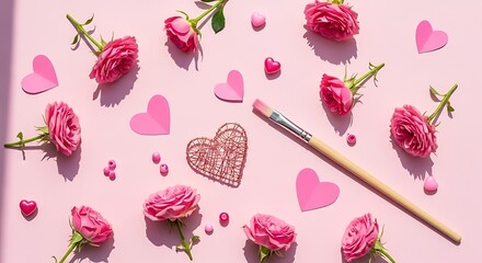 Romantic arrangement of pink roses, hearts, and a paintbrush on pastel background