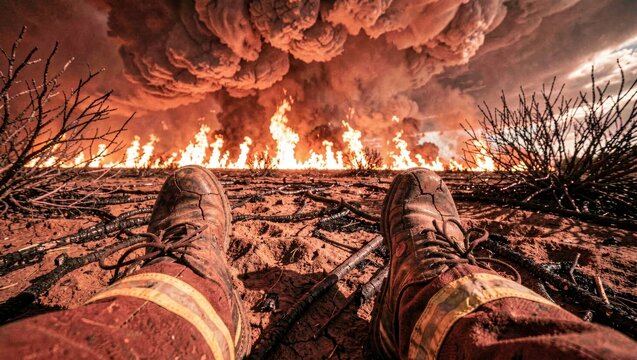 Firefighter boots on scorched earth facing towering wildfire flames