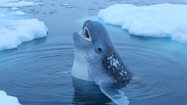 Narwhal Emerges from Icy Water and Exhales in Arctic Environment