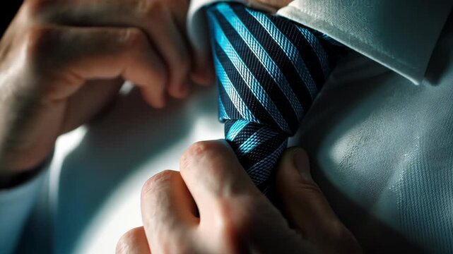 A man's hands tying a blue striped necktie, close up. The crisp white shirt is visible