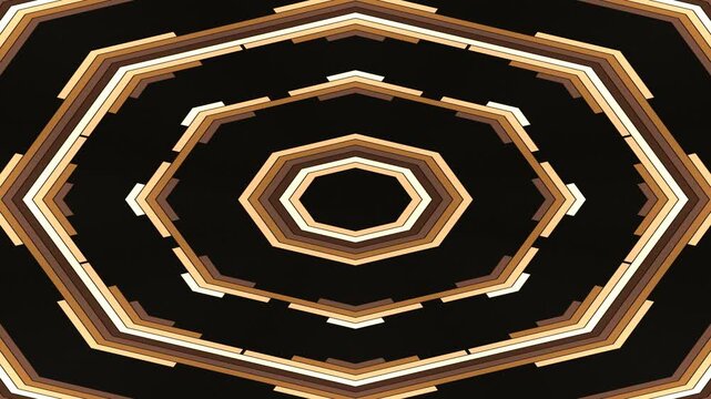 A symmetrical, abstract design on a black background. Brown, beige, and white forms are arranged