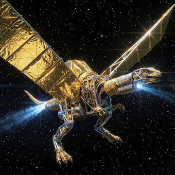 Unmanned Space Probe Unfolding Gold Solar Sails in Deep Space Orbit