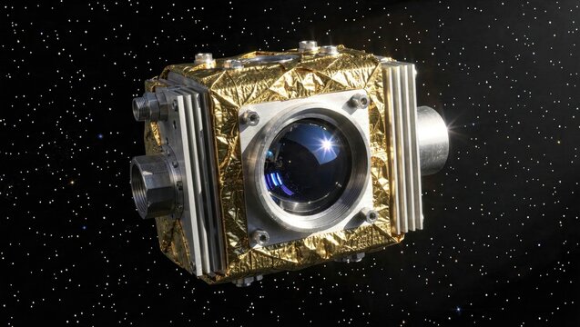 Gold MLI Aerospace Supercomputer Floating in Vacuum with Harsh Sunlight
