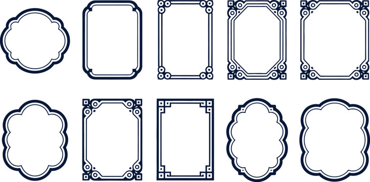 Navy Blue Ornamental Frame and Border Set Featuring Elegant Moroccan Arabesque and Decorative Geometric Labels for Sophisticated Branding and Stationery Design