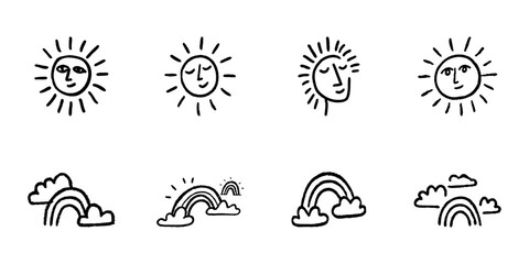 Obraz premium Sun And Rainbow Line Icon Set In Doodle Style. Weather, Nature, And Climate Symbols Outline Sketch Collection. Hand Drawn Isolated Vector Illustration