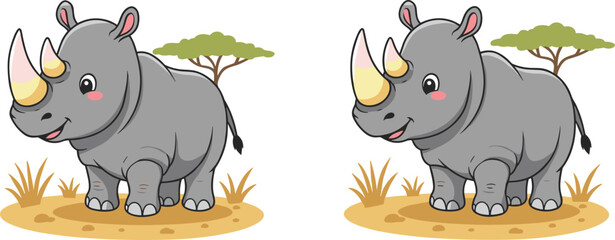 Rhinoceros cartoon illustration, safari animal mascot, wild rhino character, savanna wildlife design, vector cartoon, African animal artwork, nature theme © meri999