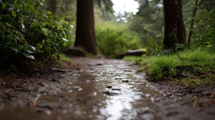 Obraz premium A wet forest path glistening with rainwater surrounded by lush greenery and trees