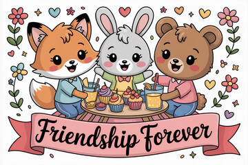 Obraz premium Cute cartoon animals enjoying dessert together in friendship celebration