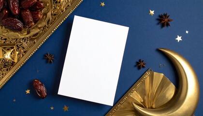 Blank white greeting card mockup resting on a luxurious gold and navy blue surface with dates, stars, and crescent moon decoration for ramadan and eid al fitr celebration