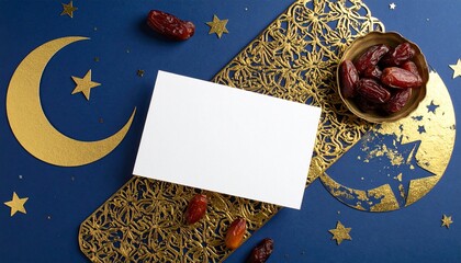 Blank white greeting card mockup resting on a luxurious gold and navy blue surface with dates, stars, and crescent moon decoration for ramadan and eid al fitr celebration