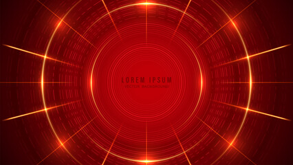 Obraz premium Abstract red technology background with glowing gold circular lines and light rays