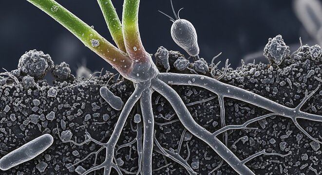 Scanning electron micrograph reveals plant roots interacting with bacteria and protists in dark soil substrate.