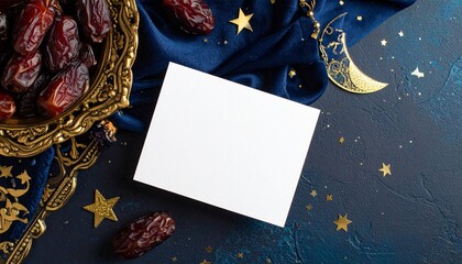 Blank white greeting card mockup resting on a luxurious gold and navy blue surface with dates, stars, and crescent moon decoration for ramadan and eid al fitr celebration