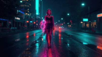 Woman walks alone on rainy city street with neon lights and reflections