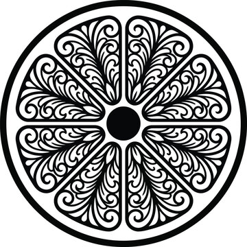 Black and white patterned design inside circle with small inner black circle in the middle
