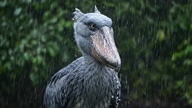 Intense Shoebill Bird Standing in Heavy Rain with Unique Large Beak