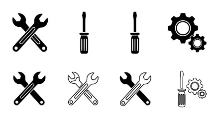 Fototapeta premium Vector set of black and white tools icons, including wrenches, screwdrivers, and gears, for repair or maintenance mockup, overlay effect, or website isolated PNG with Transparent Background