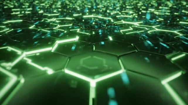 Abstract glowing green hexagonal grid creates a futuristic technology background