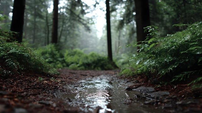 A wet forest path winds through lush green ferns under a misty overcast sky