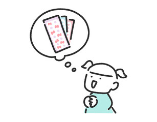 シールのことを考える笑顔の女の子と吹き出しのかわいい線画　シール交換