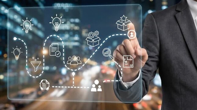Professional Hand Interacting with Virtual Business Process Flowchart on Holographic Screen, Illustrating Digital Workflow Management & Strategic P...