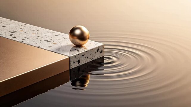 Golden sphere on textured block edge with water ripples and metallic background