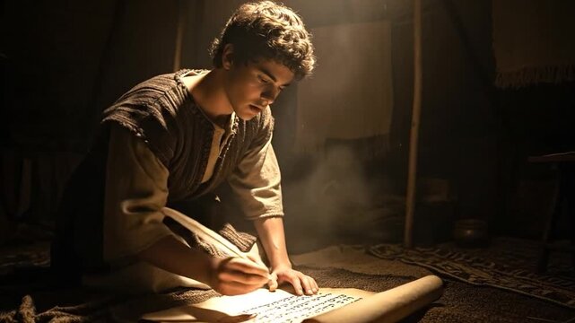 Prophet Kneeling Writing Vision on Ancient Scroll