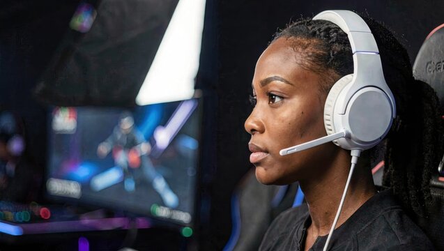 Black Female Esports Player Profile Wearing Headset with Negative Space