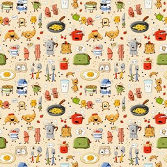 Seamless hand-drawn pattern with cute cartoon breakfast foods and kitchen items on a beige background. Suitable for packaging, textiles, wallpaper, play cards and surface design.
