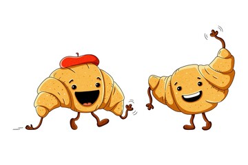 Cute hand drawn illustration of a smiling croissants character inviting each other. Cartoon bakery food character isolated on white background