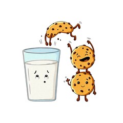 Playful illustration of cookie characters jumping into a glass of milk. Cute hand drawn cartoon food characters, sweet snack concept on white background