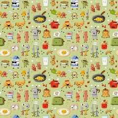 Seamless hand-drawn pattern with cute cartoon breakfast foods and kitchen items on a light green background. Ideal for packaging, textiles, wallpaper, kids room and surface design.