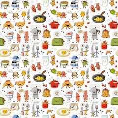 Seamless hand-drawn pattern with cute cartoon breakfast foods and kitchen items on a neutral background. Suitable for packaging, textiles, wallpaper and surface design.