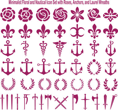 A large collection of minimalist magenta floral and nautical icons with roses, anchors, and wreaths