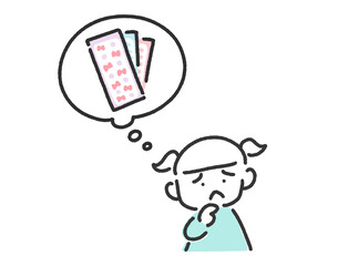 シールのことで悩む女の子と吹き出しの線画の手描きイラスト