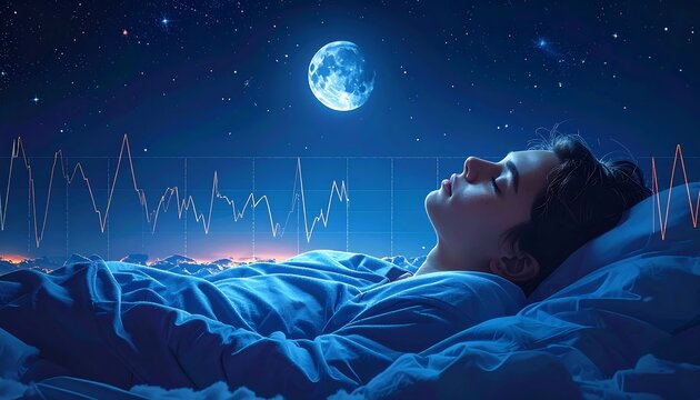 Person Sleeping Under a Full Moon with Brainwaves and Stars.