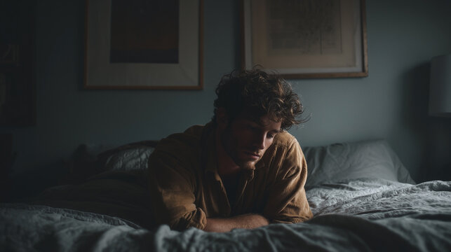 A man is laying on a bed with his head down