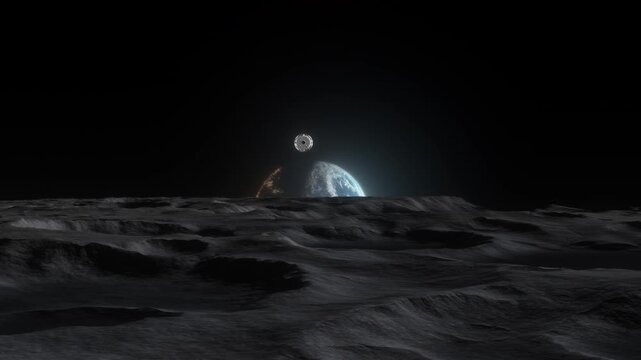 Orion Spacecraft Performing Lunar Flyover Above Moon Craters Heading Back to Rising Planet Earth. Perfect for documentaries regarding the Artemis missions and the future of deep space exploration.